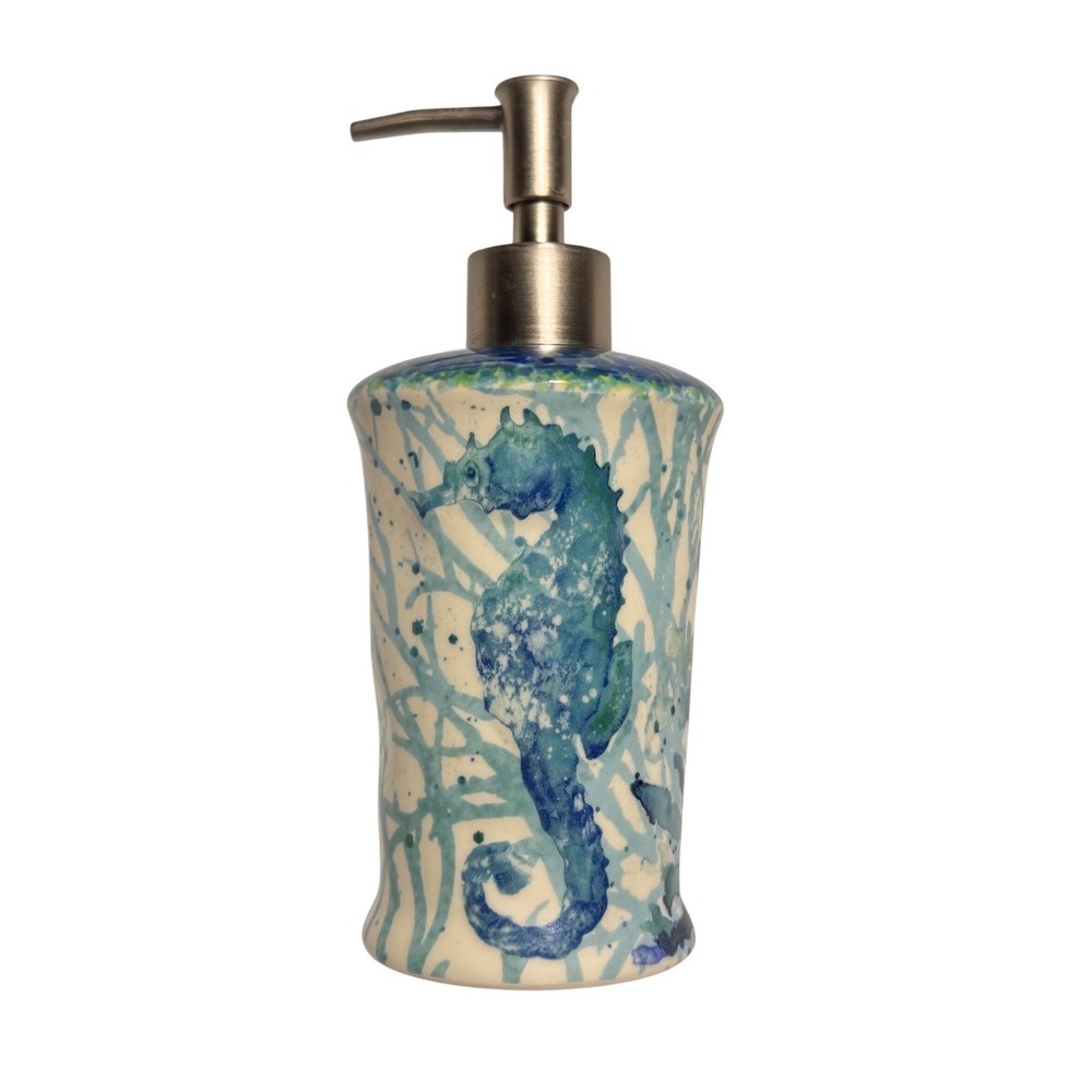 Cracker Barrel Soap Dispenser Susan Winget Blue Watercolor Seahorse Coastal